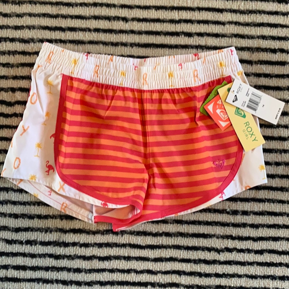 BNWT ROXY Girl Boardshorts 12 14 16 surf swim shorts white orange pink flamingo